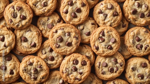 Chocolate chip cookies laid out in a pattern, providing a tempting background image from a top-down perspective.