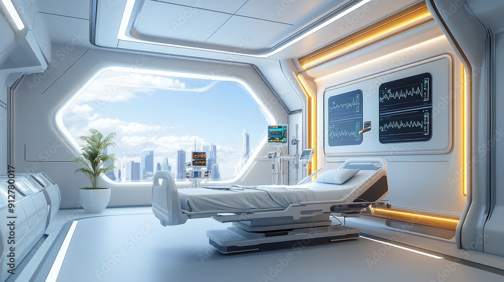 High-tech hospital room with automated monitoring systems High-tech hospital room with automated monitoring systems