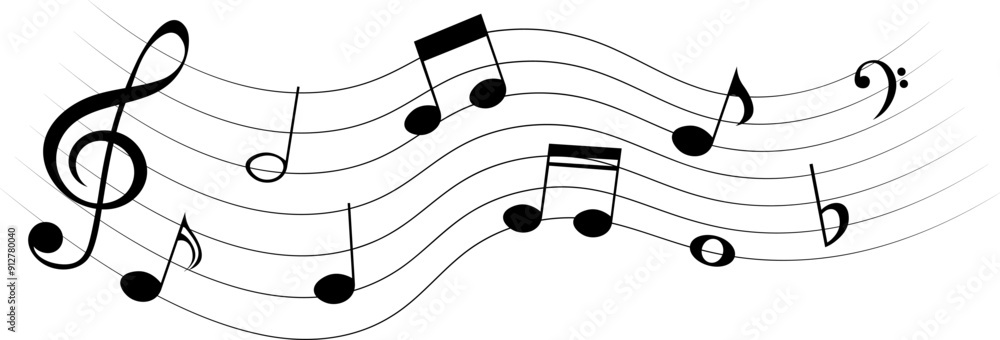 Black music notes on wavy stave, isolated vector musical element. Black music notes on wavy stave, isolated vector musical element.