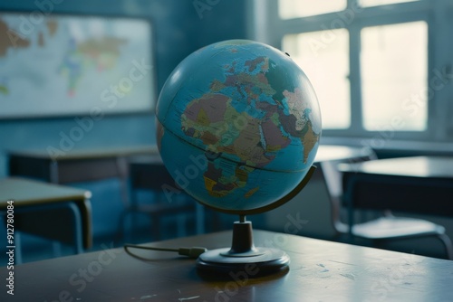 A classic globe sits on a wooden desk in an empty classroom, softly lit by the window light, evoking memories of geography lessons. photo