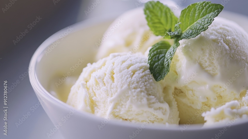 Close-up of a bowl of ice cream garnished with mint leaves, highlighting the creamy texture and vibrant colors. Close-up of a bowl of ice cream garnished with mint leaves, highlighting the creamy texture and vibrant colors.