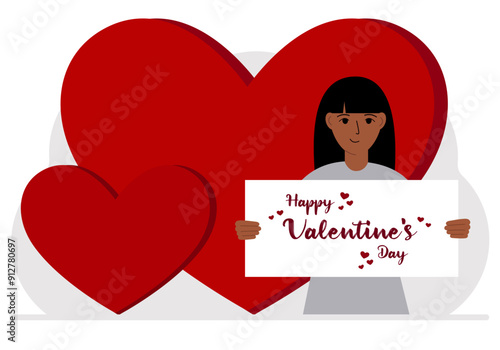 A woman holds a Happy Valentine's Day greeting against a background of red hearts. Vector flat illustration