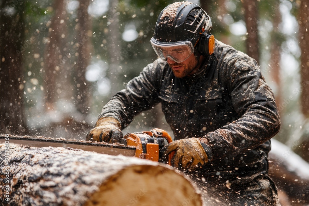 Male Worker in Forest Sawing Log with Chainsaw Male Worker in Forest Sawing Log with Chainsaw