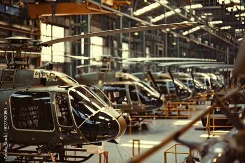 A row of military helicopters aligns under industrial lights in a vast, orderly hangar, showcasing precision in maintenance and storage within an advanced facility.