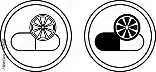 High Potency Vitamin C Icons. Black and White Vector Icons. Vitamin Capsule and Half Lemon. Label for Medicine and Food Packaging