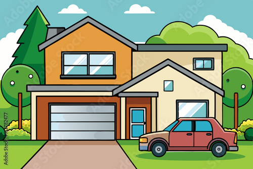 Simple modern home with car vector