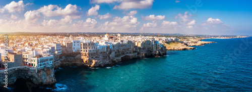 Spectacular cityscape of Polignano a Mare town, Puglia region, Italy, Europe. Polignano Al Mare, scenic small town in Puglia, Italy. Polignano a Mare village on the rocks, Bari, Apulia, Italy.