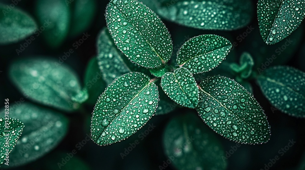 Fresh water droplets on the edges of green plant leaves captured in a detailed close-up showcasing natural growth Stock Photo with copy space Fresh water droplets on the edges of green plant leaves captured in a detailed close-up showcasing natural growth Stock Photo with copy space