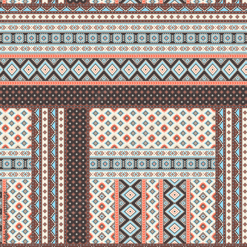 Ethnic patchwork seamless pattern. Tribal art boho print. Background ethno tiled texture, tile photo