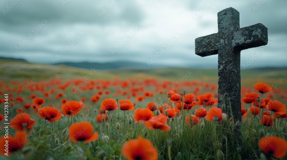 Old stone grave in poppy field, clouds mountain and sky. Religious spiritual faith symbol. Remembrance Day and Veterans Day 2024. Lest we forget.