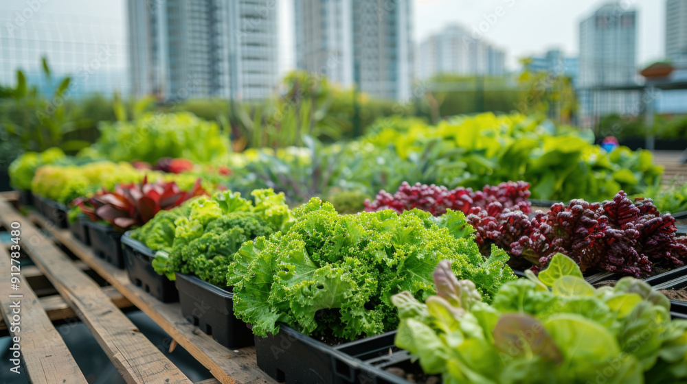 A vibrant urban rooftop garden filled with various fresh vegetables, with city buildings in the background, highlighting urban agriculture. A vibrant urban rooftop garden filled with various fresh vegetables, with city buildings in the background, highlighting urban agriculture.