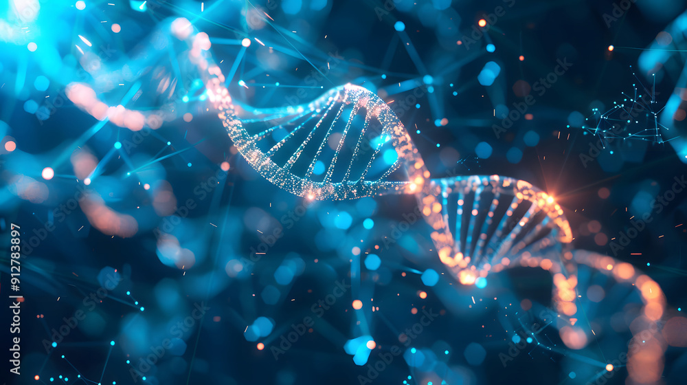 A vibrant, close-up view of a DNA double helix with glowing particles, set against a blurred, colorful background. The image captures the essence of genetic research, molecular biology, and the intric A vibrant, close-up view of a DNA double helix with glowing particles, set against a blurred, colorful background. The image captures the essence of genetic research, molecular biology, and the intric