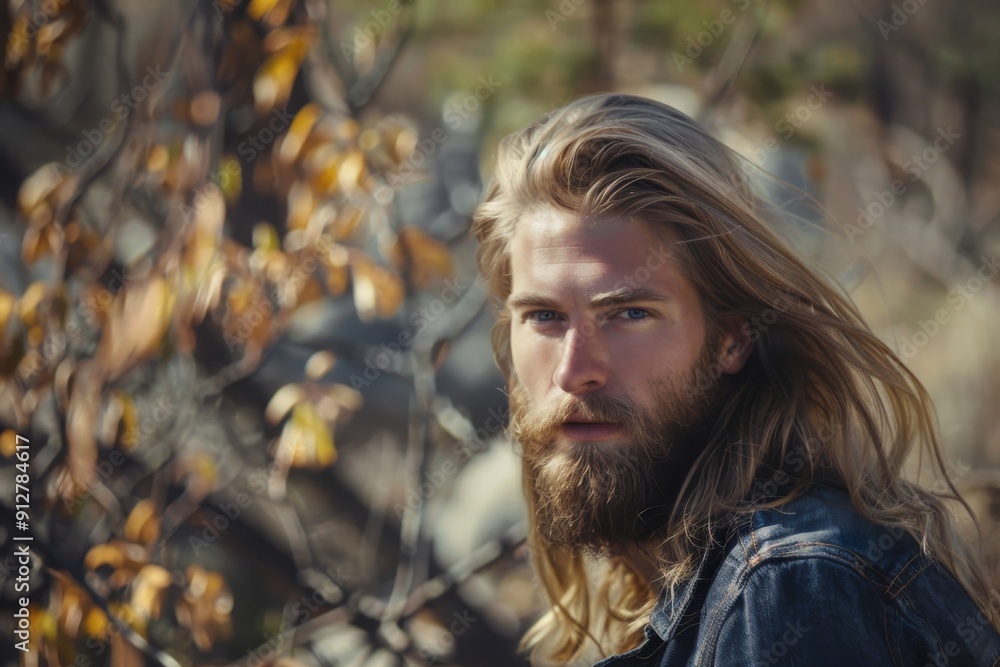 A man with long blonde hair and a beard stands in an autumn forest, his gaze intense, surrounded by colorful fall leaves. A man with long blonde hair and a beard stands in an autumn forest, his gaze intense, surrounded by colorful fall leaves.