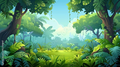 Fototapeta Naklejka Na Ścianę i Meble -  A cartoon jungle scene with tall trees, exotic animals, and lush vegetation, perfect for an adventurous business background