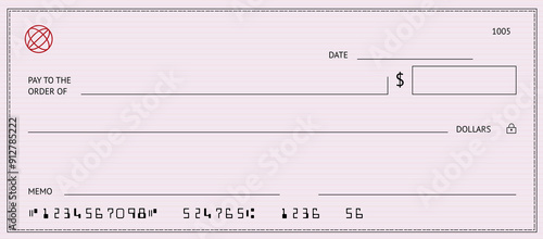 Blank money cheque. Pink bank check. Feminine Check book template with pattern and empty fields. Currency payment coupon, US dollar check background.