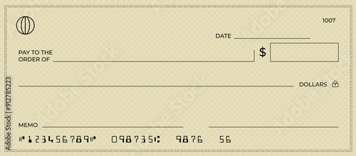 Old bank cheque, blank money cheque design, brown cheque template with empty fields. Coupon for money payment, money check