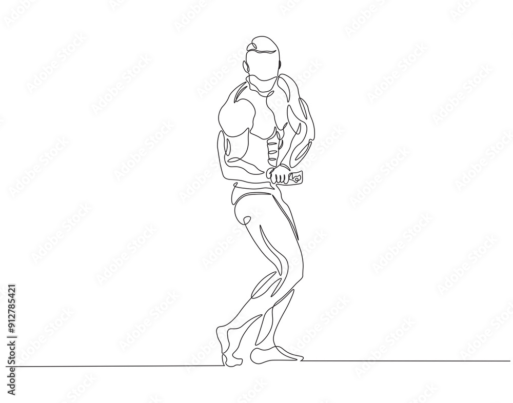 Continuous one line drawing of bodybuilder posed. One line drawing illustration of man bodybuilder posed. Fitness center gym concept line art. Editable outline Continuous one line drawing of bodybuilder posed. One line drawing illustration of man bodybuilder posed. Fitness center gym concept line art. Editable outline