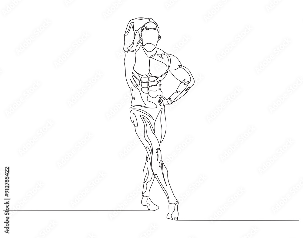 Continuous one line drawing of bodybuilder posed. One line drawing illustration of man bodybuilder posed. Fitness center gym concept line art. Editable outline Continuous one line drawing of bodybuilder posed. One line drawing illustration of man bodybuilder posed. Fitness center gym concept line art. Editable outline