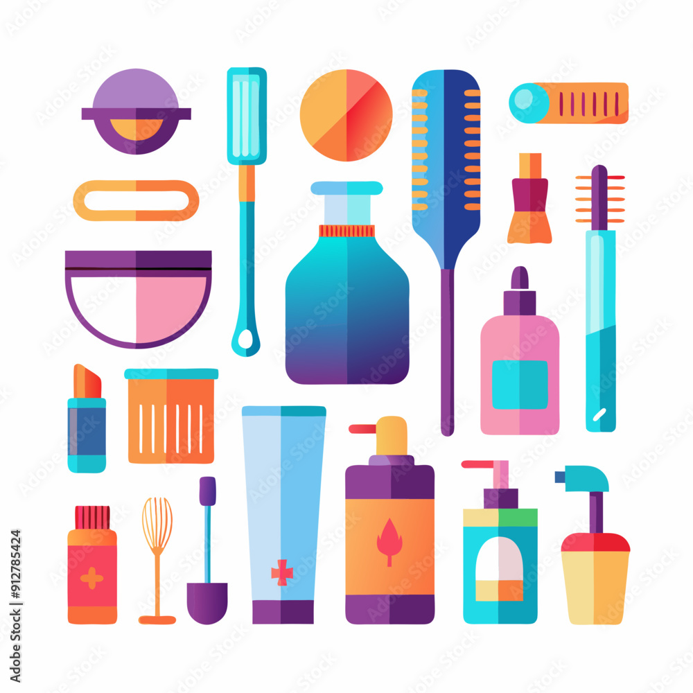 Set of personal hygiene Combs and hair dryer sponge Beauty aesthetics vector Set of personal hygiene Combs and hair dryer sponge Beauty aesthetics vector