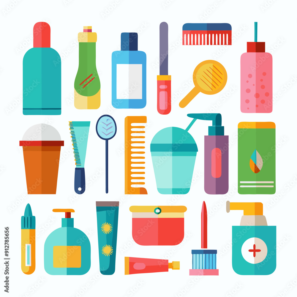 Set of personal hygiene Combs and hair dryer sponge Beauty aesthetics vector Set of personal hygiene Combs and hair dryer sponge Beauty aesthetics vector