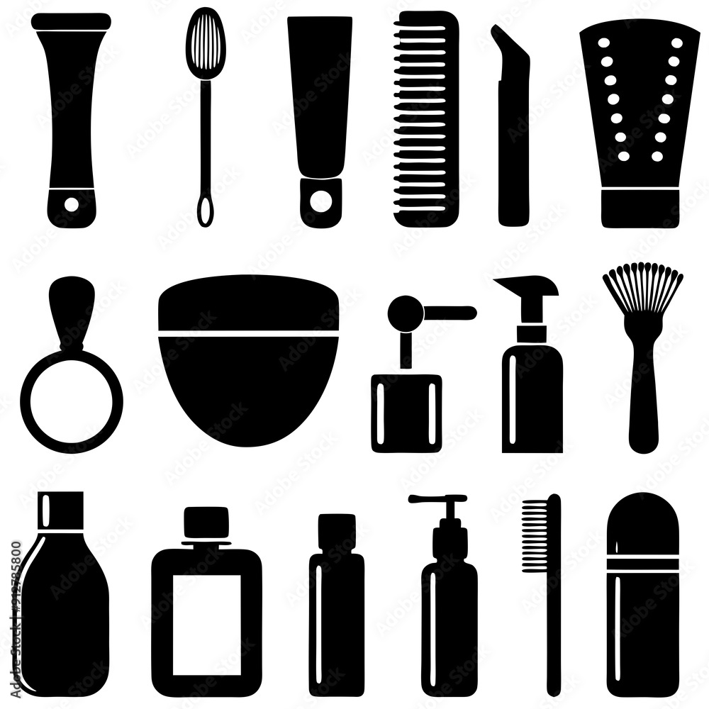 Set of personal hygiene Combs and hair dryer sponge Beauty aesthetics vector Set of personal hygiene Combs and hair dryer sponge Beauty aesthetics vector