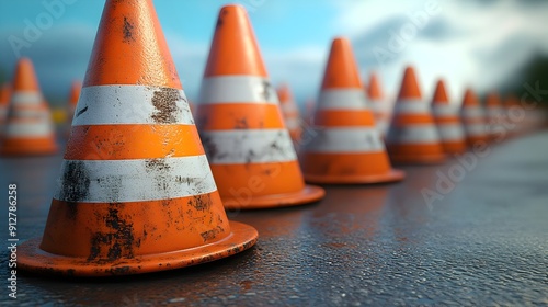 Close Up 3D Rendered Traffic Cones Used as Obstacles on the Street