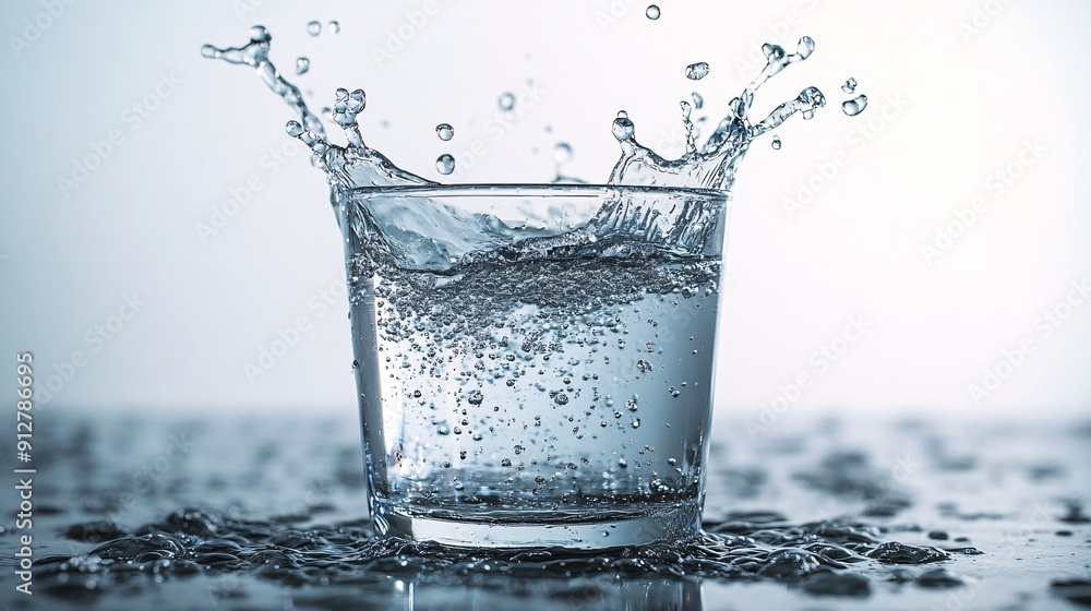 Close-up photograph of water being poured creating beautiful droplets and splashes into a glass on a white background Stock Photo with copy space Close-up photograph of water being poured creating beautiful droplets and splashes into a glass on a white background Stock Photo with copy space