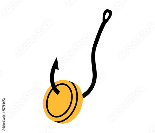 Hand drawn cute cartoon illustration of fishing hook with coin. Flat vector cash stealing in doodle style. Money theft crime icon or print. Bank account fraud or scam. Phishing attack. Greed. Isolated