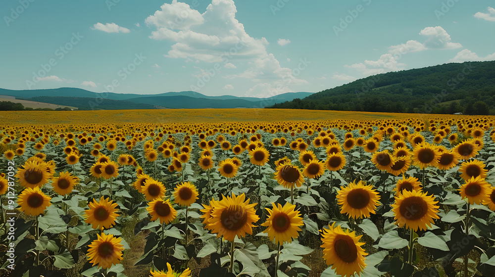 Obraz premium Sunflower field stretching to the horizon under blue sky 
