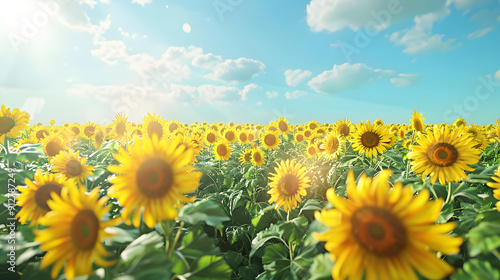 Sunflower field stretching to the horizon under blue sky 