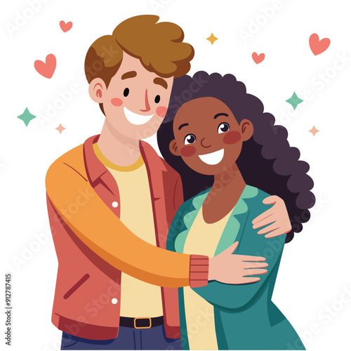 Happy international couple. Man and woman of different races hugging each other. Cute illustration flat cartoon style