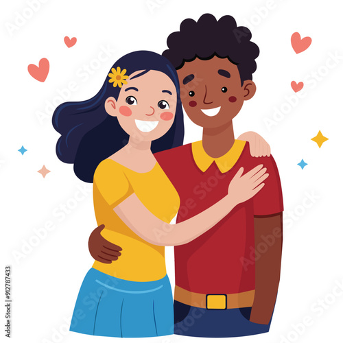 Happy international couple. Man and woman of different races hugging each other. Cute illustration flat cartoon style