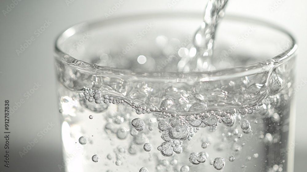 Close-up view of water pouring into a clear glass with intricate droplets and splashes set against a pure white background Stock Photo with copy space Close-up view of water pouring into a clear glass with intricate droplets and splashes set against a pure white background Stock Photo with copy space