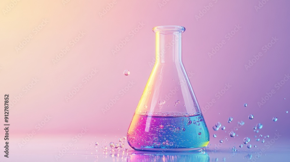 A Glass Beaker with Colorful Liquid and Water Droplets on a Gradient Pink Background A Glass Beaker with Colorful Liquid and Water Droplets on a Gradient Pink Background