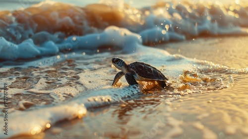 Slow-moving shelled reptile basks on sandy shore beside curious crustacean photo