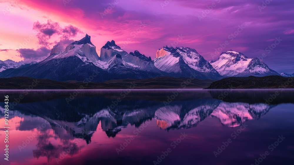 Majestic Mountain Range Reflected in a Still Lake at Sunset Majestic Mountain Range Reflected in a Still Lake at Sunset