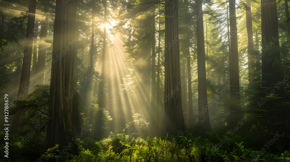 Sunlight streaming through redwood forest canopy Sunlight streaming through redwood forest canopy