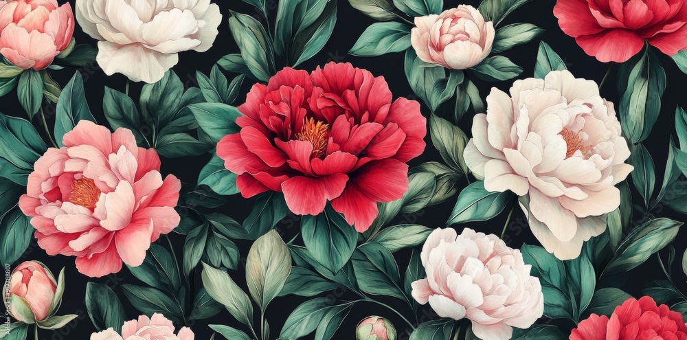 Photograph of blooming red flowers on dark moody floral textured background. Photorealistic effect... Photograph of blooming red flowers on dark moody floral textured background. Photorealistic effect...