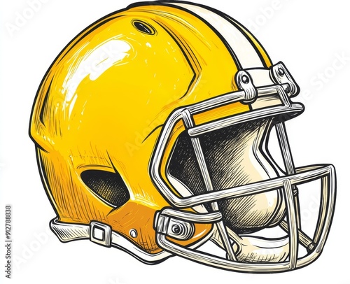 Detailed vintage etching style illustration of an american football helmet in yellow on a white background for use in posters, decorations, and prints. photo