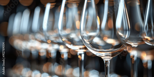 Close-up of a row of empty wine glasses arranged in a line, perfect for events, dining, and celebrations. photo