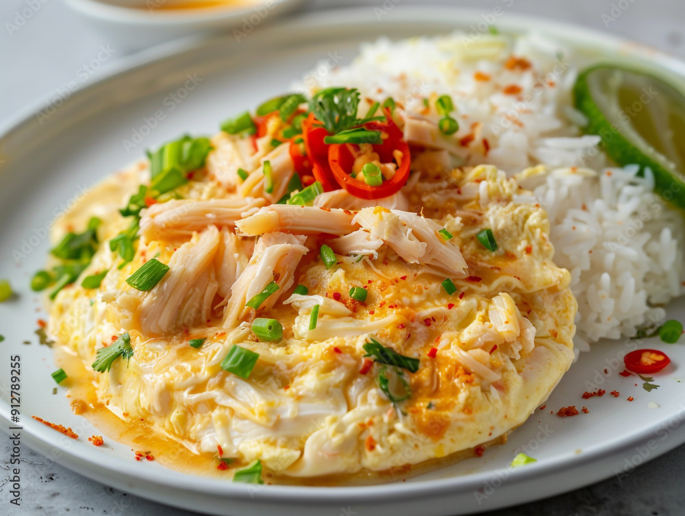 Creamy omelette with crab meat on rice on the white plate. The dish is the most popular dish on the menu in Thailand.
Creamy omelette with crab meat on rice on the white plate. The dish is the most popular dish on the menu in Thailand.
