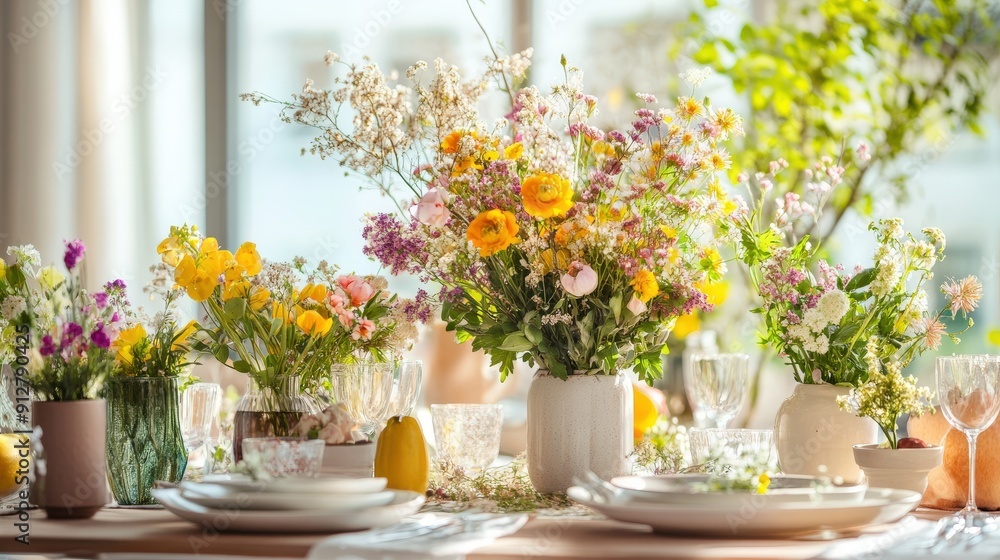 A table setting with yellow, white, and pink flowers in vases, with plates and glasses. A table setting with yellow, white, and pink flowers in vases, with plates and glasses.
