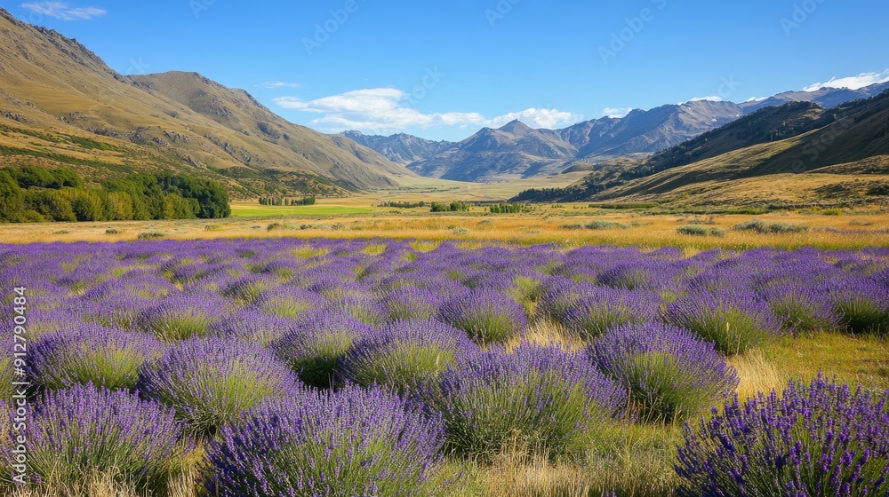 Lavender Field Surrounded by Mountains and Blue Sky Lavender Field Surrounded by Mountains and Blue Sky