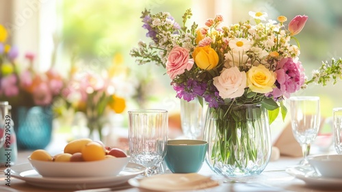 A vase of colorful flowers on a table setting with a cup, plate, and fruit bowl.