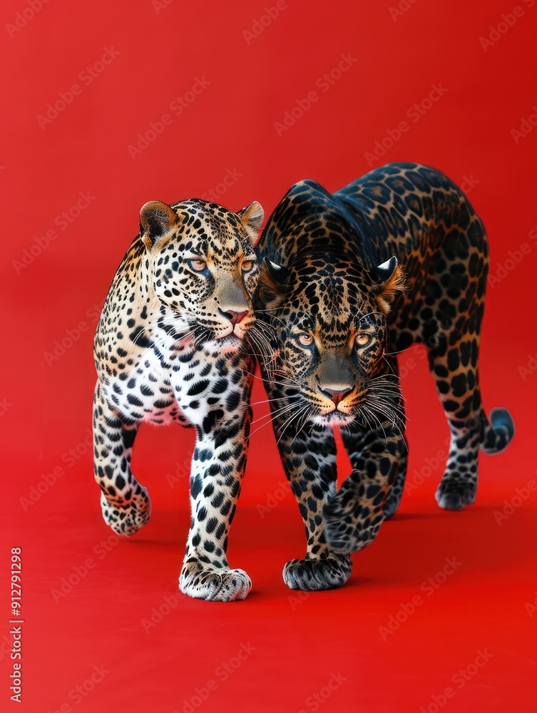 Fototapeta premium Black panther and leopard facing camera on red