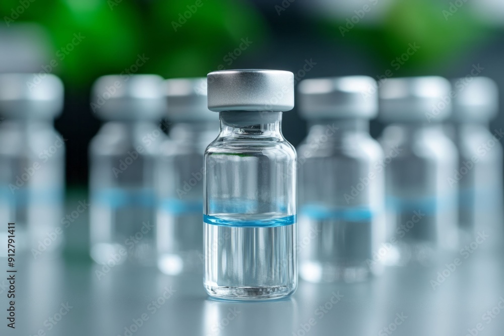 A close-up view of a glass vial filled with liquid, representing healthcare, medicine, or vaccine development in a clinical setting. A close-up view of a glass vial filled with liquid, representing healthcare, medicine, or vaccine development in a clinical setting.