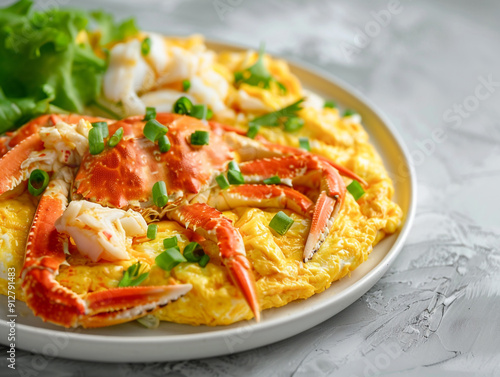 Creamy omelette with crab meat on rice on the white plate. The dish is the most popular dish on the menu in Thailand. 