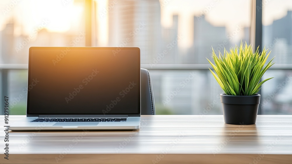 A sleek laptop and notebook sit on a polished conference table in a contemporary office, ready for an important business meeting with panoramic city views A sleek laptop and notebook sit on a polished conference table in a contemporary office, ready for an important business meeting with panoramic city views