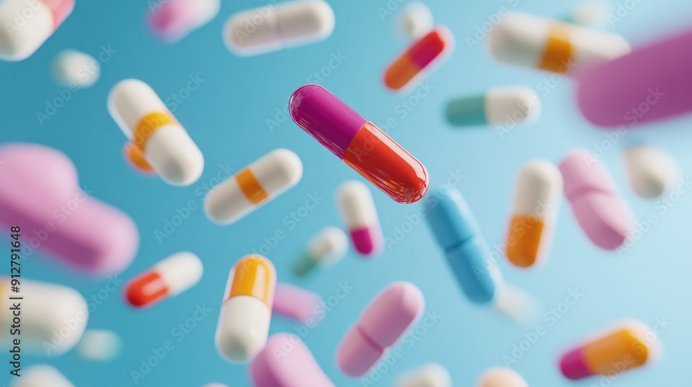 Close-up of colorful pills floating in mid-air Close-up of colorful pills floating in mid-air