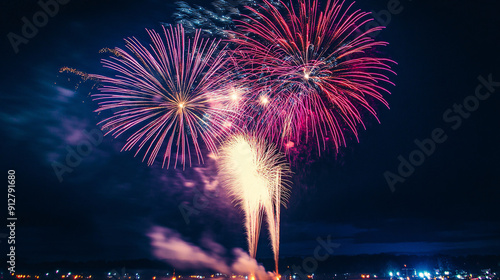 Photography of a New Year festival fireworks display illuminating the night sky with vibrant colors  photo